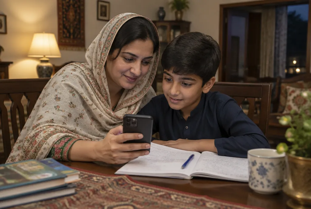 A Pakistani mother checking her son’s homework and progress on a phone