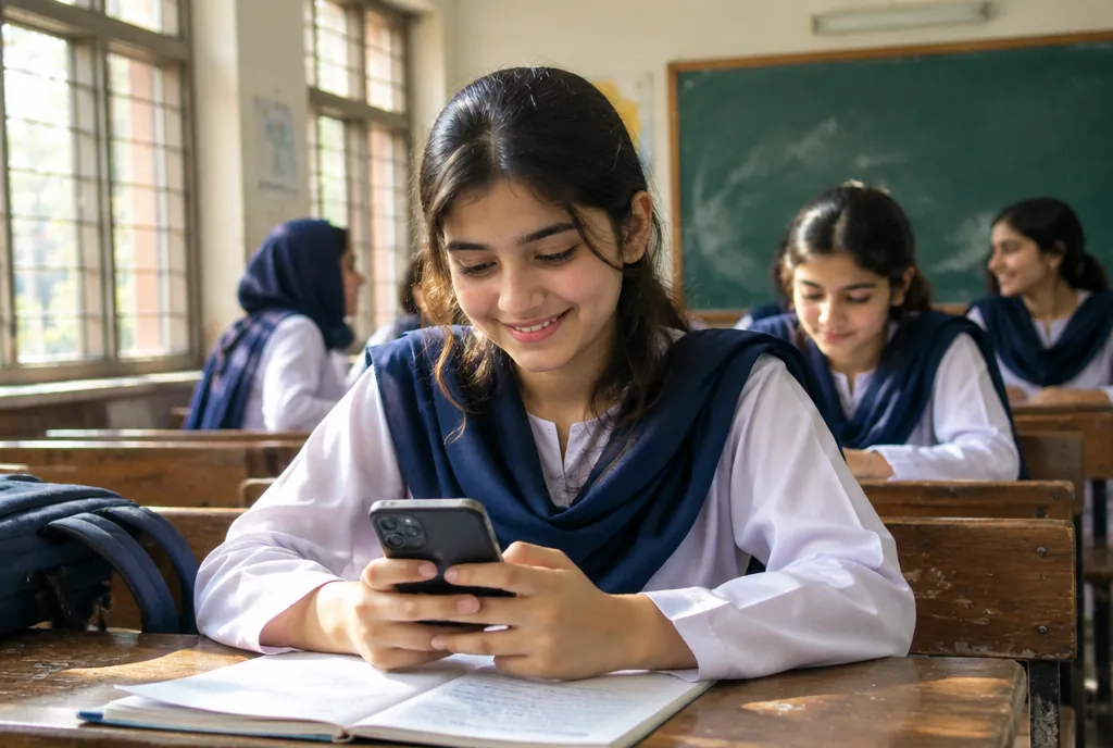 A Pakistani schoolgirl in uniform learning on her phone in class