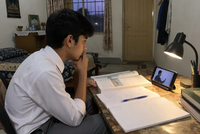 A Pakistani student watching a lecture on his phone at home in the evening