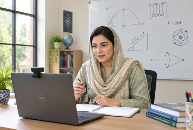 A Pakistani teacher recording a lesson on her laptop