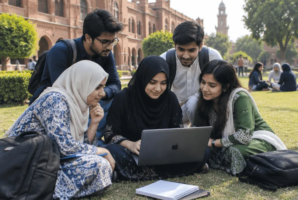 Pakistani university students working together on a laptop on campus